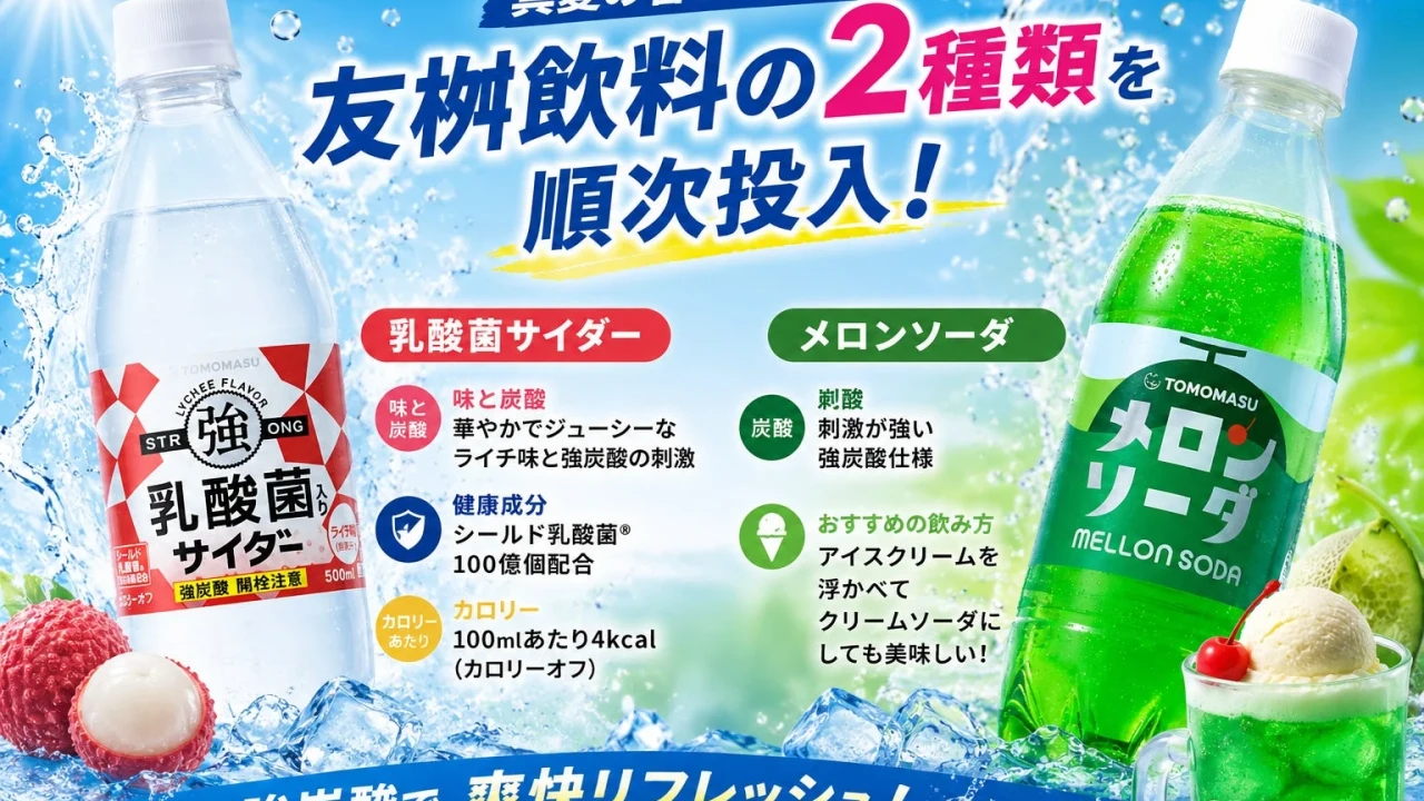 真夏にぴったりの爽快感！友桝飲料の「乳酸菌サイダー」と「メロンソーダ」が自動販売機に登場