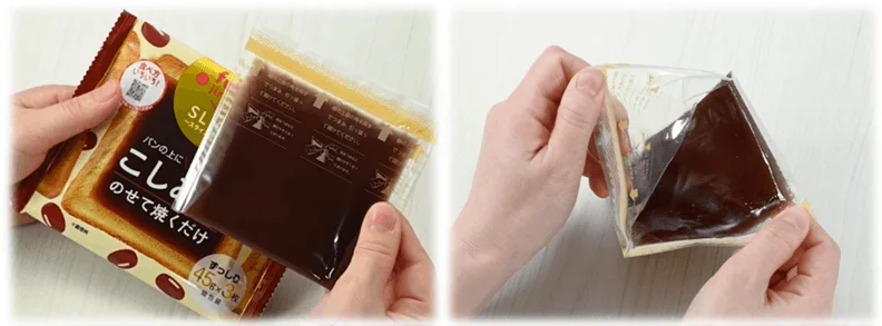 スライスこしあんをパンに乗せる様子